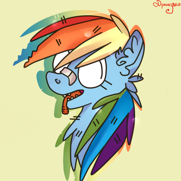 Size: 1111x1111 | Tagged: safe, artist:drunkoyoshi, derpibooru import, rainbow dash, bandaid, blank eyes, portrait, solo