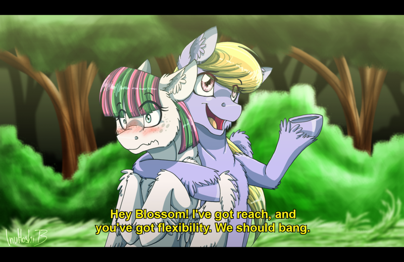 Size: 1024x663 | Tagged: artist:inuhoshi-to-darkpen, blossomforth, blushing, cloudforth, cloud kicker, derpibooru import, dialogue, eye clipping through hair, fanfic art, fanfic:the life and times of a winning pony, female, freckles, garrus vakarian, hooves, lesbian, mass effect, shipping, suggestive, unshorn fetlocks, we'll bang ok, winningverse