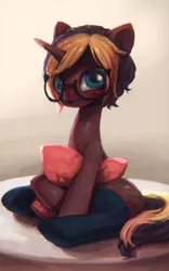 Size: 601x961 | Tagged: safe, artist:frali, derpibooru import, oc, unofficial characters only, chocolate pony, food pony, original species, unicorn, blushing, chocolate, glasses, looking at you, pillow, plate, shiny, sitting, smiling