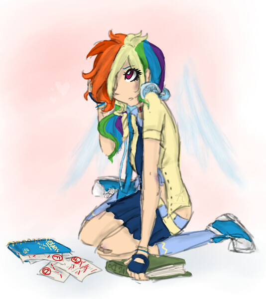 Size: 1291x1450 | Tagged: artist:kikirdcz, belt, clothes, converse, derpibooru import, gloves, hair over one eye, human, humanized, kneesocks, miniskirt, necktie, rainbow dash, safe, schoolgirl, school uniform, shirt, skirt, socks, solo