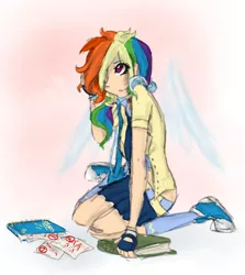 Size: 1291x1450 | Tagged: artist:kikirdcz, belt, clothes, converse, derpibooru import, gloves, hair over one eye, human, humanized, kneesocks, miniskirt, necktie, rainbow dash, safe, schoolgirl, school uniform, shirt, skirt, socks, solo