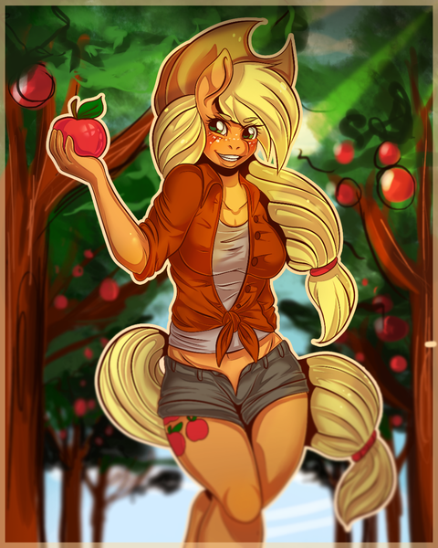 Size: 1024x1280 | Tagged: suggestive, artist:lovepuma69, derpibooru import, applejack, anthro, apple, apple tree, clothes, cutie mark, front knot midriff, grin, midriff, shirt, shorts, solo, tanktop, tree, unbuttoned