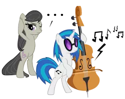 Size: 3885x3099 | Tagged: safe, artist:jaelachan, derpibooru import, octavia melody, vinyl scratch, earth pony, pony, unicorn, bipedal, cello, cutie mark, female, frown, hooves, horn, mare, music notes, musical instrument, simple background, sunglasses, transparent background, vector