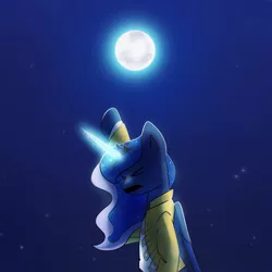 Size: 1200x1200 | Tagged: safe, artist:anticular, derpibooru import, princess luna, alicorn, pony, ask sunshine and moonbeams, clothes, eyes closed, female, freddie mercury, magic, mare, moon, moon work, night, queen (band), raised hoof, solo