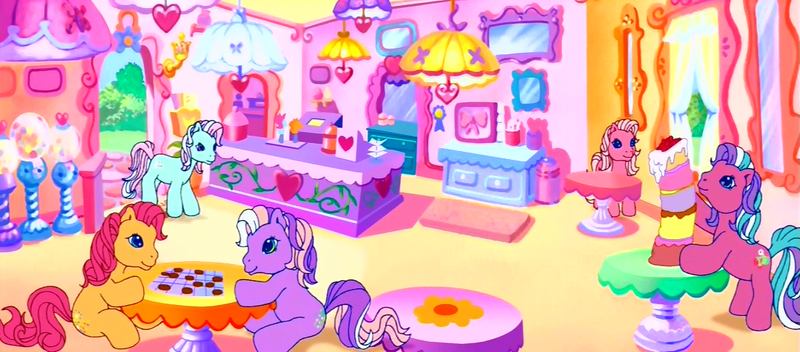 Size: 1091x480 | Tagged: a charming birthday, cotton candy cafe, derpibooru import, g3, g3 panorama, minty, panorama, pinkie pie, safe, screencap, sparkleworks, sweetberry, wysteria