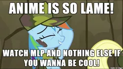 Size: 610x344 | Tagged: anime, derpibooru import, downvote bait, image macro, lame, meme, mouthpiece, rainbow dash, safe