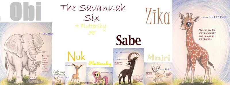 Size: 1468x543 | Tagged: animal in mlp form, artist:thefriendlyelephant, derpibooru import, dik dik, elephant, fluttershy, gerenuk, giant sable antelope, giraffe, height difference, oc, oc:kekere, oc:mmiri, oc:nuk, oc:obi, oc:sabe, oc:zeka, safe, size chart, size comparison, springbok, traditional art