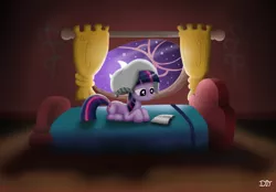 Size: 3969x2769 | Tagged: safe, artist:denial-is-tragic, derpibooru import, twilight sparkle, pony, unicorn, bed, book, moon, night, pillow, prone, reading, solo, unicorn twilight, window