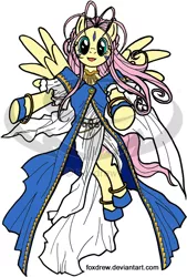 Size: 584x864 | Tagged: ah my goddess, artist:foxdrew, belldandy, crossover, derpibooru import, fluttershy, norn, safe, solo, verdandi, watermark