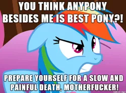 Size: 610x455 | Tagged: angry, best pony, derpibooru import, image macro, implied murder, internet tough guy, meme, rainbow dash, safe, screencap, vulgar