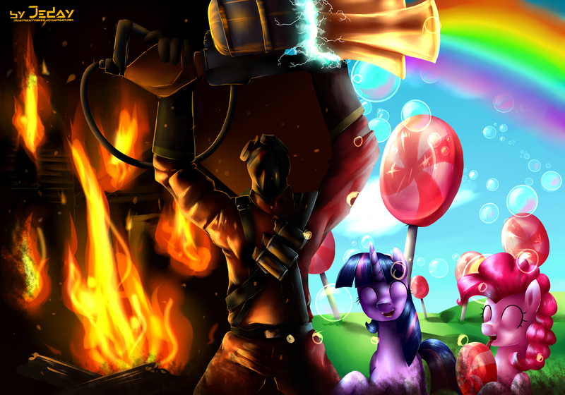 Size: 4000x2800 | Tagged: artist:jedayskayvoker, crossover, derpibooru import, meet the pyro, pinkie pie, pyro, safe, team fortress 2, twilight sparkle