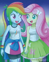 Size: 992x1262 | Tagged: safe, artist:the-butch-x, derpibooru import, fluttershy, rainbow dash, equestria girls, clothes, cute, dashabetes, female, flutterdash, holding hands, lesbian, shipping, shyabetes, sweatband, tanktop, wristband