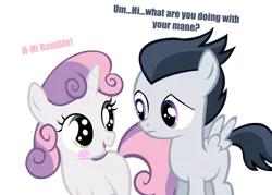 Size: 2000x1429 | Tagged: artist:mmdfantage, blushing, crush, derpibooru import, dialogue, female, male, rumbelle, rumble, safe, shipping, simple background, straight, sweetie belle, transparent background, vector