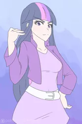 Size: 1280x1926 | Tagged: artist:jonfawkes, clothes, derpibooru import, gravity falls, human, humanized, looking at you, pacifica northwest, safe, smug, smuglight sparkle, solo, twilight sparkle