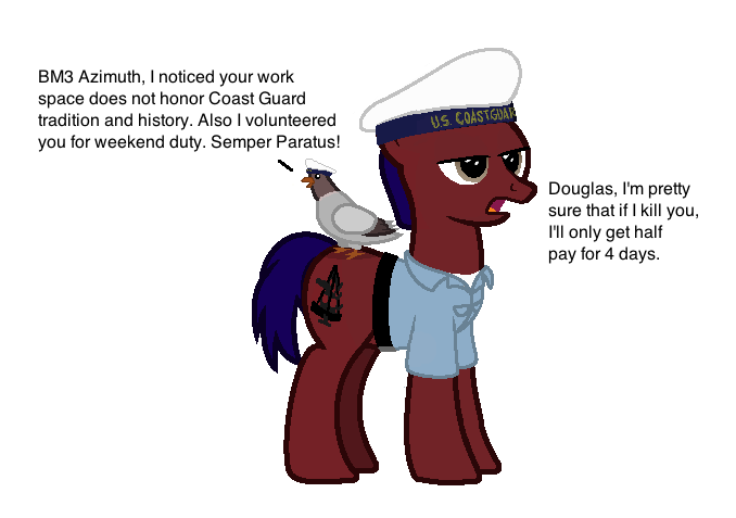 Size: 678x477 | Tagged: 1st awesome platoon, artist:ethanchang, coast guard, derpibooru import, military, military uniform, oc, oc:azimuth, oc:douglas, pigeon, safe, unofficial characters only