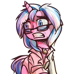 Size: 1280x1280 | Tagged: safe, artist:inlucidreverie, derpibooru import, oc, oc:noble blue, unofficial characters only, pony, unicorn, fallout equestria, clothes, glasses, lab coat, scared, simple background, solo, terror, transparent background