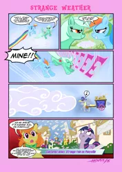 Size: 729x1032 | Tagged: safe, artist:henbe, derpibooru import, bon bon, carrot cake, cup cake, derpy hooves, rainbow dash, sweetie drops, twilight sparkle, twilight sparkle (alicorn), oc, oc:stukka, alicorn, pony, cloud, cloudy, comic, female, mail, mailmare, mailpony, mare, news, ponyville