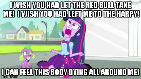 Size: 490x275 | Tagged: semi-grimdark, derpibooru import, edit, edited screencap, screencap, spike, twilight sparkle, dog, equestria girls, caption, exploitable meme, image, image macro, jpeg, meme, red bull, reference, spike the dog, the last unicorn, the red bull, twiscream