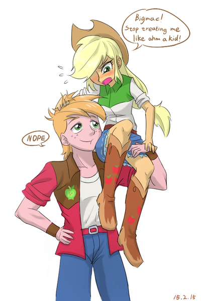 Size: 580x870 | Tagged: safe, artist:ta-na, derpibooru import, applejack, big macintosh, equestria girls, blushing, boots, brother and sister, clothes, cowboy hat, cute, denim skirt, dialogue, embarrassed, green eyes, hat, high heel boots, nope, skirt