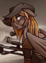 Size: 1024x1408 | Tagged: safe, artist:whitepone, derpibooru import, oc, oc:calamity, unofficial characters only, pegasus, pony, fallout equestria, fanfic, ammunition, battle saddle, bullet, chromatic aberration, fanfic art, gun, hat, male, rifle, solo, stallion, weapon, wings