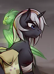 Size: 1024x1408 | Tagged: safe, artist:whitepone, derpibooru import, oc, oc:pyrelight, oc:velvet remedy, unofficial characters only, balefire phoenix, phoenix, pony, unicorn, fallout equestria, fanfic, bandage, chromatic aberration, fanfic art, female, fluttershy medical saddlebag, hooves, horn, mare, medical saddlebag, saddle bag