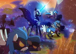 Size: 3298x2353 | Tagged: safe, artist:light262, derpibooru import, descent, lightning dust, night glider, nightmare moon, nightshade, thunderlane, alicorn, pegasus, pony, clothes, costume, goggles, magic, shadowbolts, shadowbolts (nightmare moon's minions), shadowbolts costume