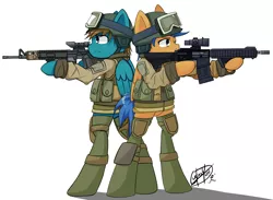 Size: 2050x1500 | Tagged: ar15, artist:yunguy1, clothes, derpibooru import, goggles, gun, helmet, /k/, m16, military ponies, oc, oc:cloud runner, oc:sabre dance, rifle, safe, unofficial characters only, vest