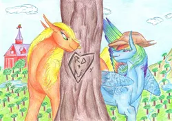 Size: 7417x5230 | Tagged: safe, artist:dawn22eagle, derpibooru import, applejack, rainbow dash, absurd resolution, accessory swap, appledash, bedroom eyes, eyelashes, female, floppy ears, fluffy, hat, heart, lesbian, open mouth, shipping, smiling, sweet apple acres, traditional art, tree