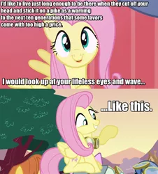 Size: 1267x1402 | Tagged: semi-grimdark, derpibooru import, edit, screencap, fluttershy, pegasus, pony, babylon 5, dialogue, female, goggles, mare, murder, murdershy, offscreen character, photoshop, quote, response, smiling, solo focus, vir cotto, what do you want, yandere
