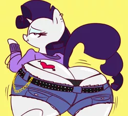 Size: 774x700 | Tagged: suggestive, artist:peanutbutter, derpibooru import, rarity, pony, semi-anthro, ass too big for pants, bipedal, buttcrack, chav, clothes, female, huge butt, impossibly large butt, looking back, panties, piercing, plot, rarislut, rearity, shiny, shorts, simple background, solo, solo female, tattoo, the ass was fat, thong, tramp stamp, twerking, underwear, yellow background