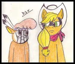 Size: 486x420 | Tagged: applejack, artist:rdk, derpibooru import, little strongheart, movie, safe, the lone ranger, traditional art