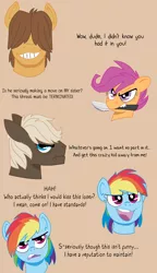 Size: 1290x2239 | Tagged: angry, artist:dbkit, ask, blushing, derpibooru import, dumbbell, dumbdash, female, hoops, implied shipping, knife, male, murderloo, rainbow dash, safe, scootaloo, shipping, straight, tsunderainbow, tsundere, tumblr