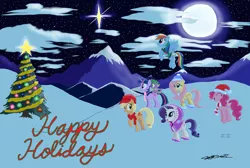 Size: 5000x3357 | Tagged: applejack, artist:willisninety-six, clothes, derpibooru import, fluttershy, hat, mane seven, mane six, moon, night, outdoors, pinkie pie, rainbow dash, rarity, safe, scarf, snow, spike, stars, tree, twilight sparkle, winter