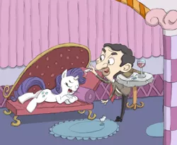 Size: 1218x1000 | Tagged: accident, broken horn, crossover, derpibooru import, drool, fainting couch, gum, mr bean, rarity, safe, sleeping, this will end in tears, unaware