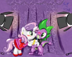 Size: 960x768 | Tagged: safe, artist:frist44, derpibooru import, spike, sweetie belle, bipedal, clothes, cute, diasweetes, dress, female, kissing, male, prom, shipping, spikabetes, spikebelle, straight, tuxedo