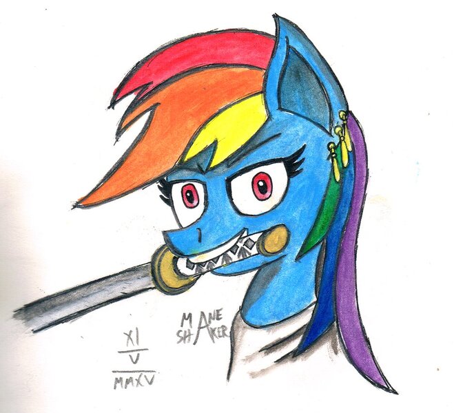 Size: 937x853 | Tagged: artist:mane-shaker, colored, derpibooru import, earring, katana, one piece, piercing, rainbow dash, roronoa zoro, safe, solo, sword, traditional art, weapon