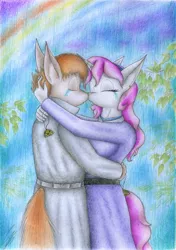 Size: 1961x2787 | Tagged: anthro, artist:sinaherib, breasts, button mash, crying, derpibooru import, female, kissing, male, older, rain, rainbow, safe, shipping, straight, sweetie belle, sweetiemash, traditional art