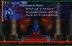 Size: 639x412 | Tagged: 8-bit, carpet, castle, castlevania, castlevania: symphony of the night, derpibooru import, image macro, meme, nightmare moon, ponyvania, red carpet, retro, safe, text, throne, throne room, twilight sparkle, video game, what is a man