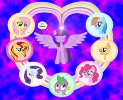 Size: 1933x1585 | Tagged: safe, artist:majkashinoda626, derpibooru import, applejack, fluttershy, pinkie pie, rainbow dash, rarity, spike, sunset shimmer, twilight sparkle, twilight sparkle (alicorn), alicorn, pony, alternate mane seven, female, mane seven, mane six, mare