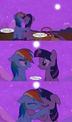 Size: 1280x2160 | Tagged: safe, artist:somepony, derpibooru import, rainbow dash, twilight sparkle, pegasus, pony, unicorn, bedroom eyes, cliff, comic, corny, cute, eye contact, female, floppy ears, full moon, hug, kissing, lesbian, lidded eyes, looking at each other, mare, moon, mountain, night, open mouth, picnic basket, shipping, sitting, smiling, stars, twidash, winghug