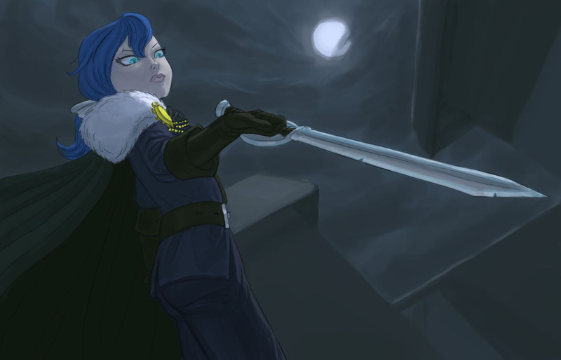 Size: 1350x868 | Tagged: artist:carnifex, derpibooru import, diplomat-verse, human, humanized, moon, princess luna, safe, solo, sword