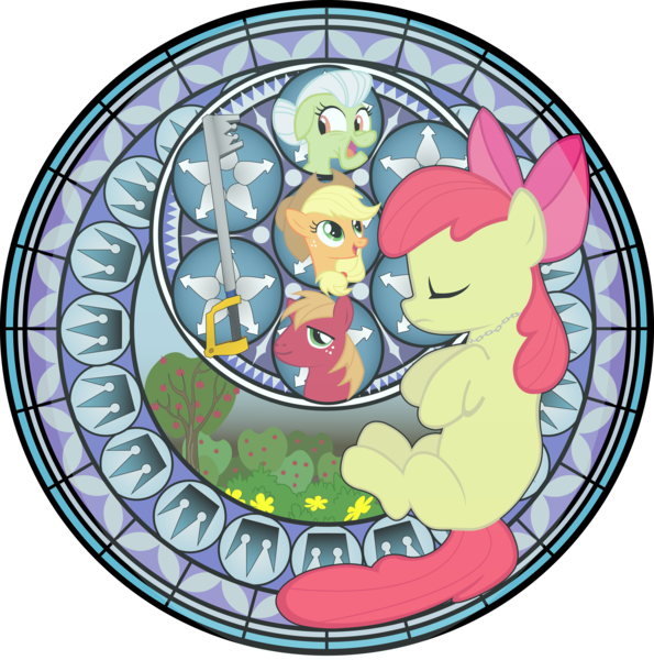 Size: 5250x5297 | Tagged: safe, artist:agryx, derpibooru import, apple bloom, applejack, big macintosh, granny smith, earth pony, pony, absurd resolution, dive to the heart, kingdom hearts, kingdom key, male, stained glass, stallion