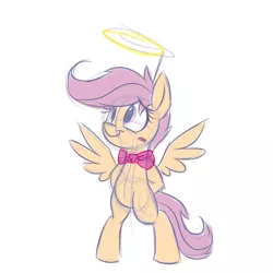 Size: 800x800 | Tagged: safe, artist:heir-of-rick, derpibooru import, scootaloo, pony, bipedal, blushing, bowtie, halo, sketch, solo