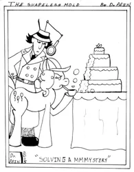 Size: 506x650 | Tagged: artist:drpain, bubble pipe, cake, comic, comic strip, crossover, derpibooru import, inspector gadget, mmmystery on the friendship express, monochrome, pinkie pie, safe, the shapeless mold, webcomic