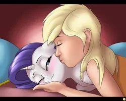 Size: 3000x2400 | Tagged: safe, artist:captainpudgemuffin, derpibooru import, applejack, rarity, human, pony, unicorn, bed, bedroom eyes, blushing, cute, eyes closed, female, floppy ears, fluffy, high res, human on pony snuggling, humanized, interspecies, kissing, lesbian, mare, one eye closed, raribetes, rarijack, rubbing, shipping, side, smiling, snuggling, wink