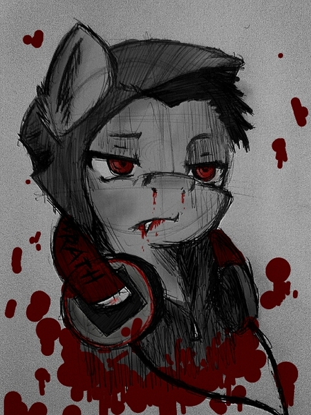 Size: 480x640 | Tagged: artist:exile, blood, derpibooru import, headphones, oc, oc:cb3, oc:clarence, ponysona, semi-grimdark, solo, unofficial characters only, vampire, wrath