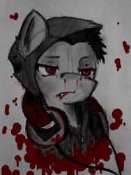 Size: 480x640 | Tagged: artist:exile, blood, derpibooru import, headphones, oc, oc:cb3, oc:clarence, ponysona, semi-grimdark, solo, unofficial characters only, vampire, wrath