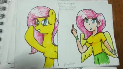 Size: 4000x2248 | Tagged: artist:dragonizard, derpibooru import, fluttershy, human, humanized, middle finger, putting your hoof down, safe, solo, spanish, traditional art, vulgar, winged humanization