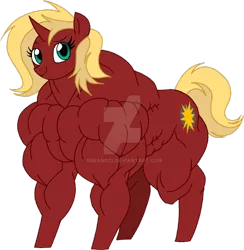 Size: 1024x1051 | Tagged: safe, artist:angel-wing101, derpibooru import, oc, oc:gutsyboom, unofficial characters only, pony, unicorn, deviantart watermark, female, mare, muscles, obtrusive watermark, overdeveloped muscles, solo, watermark