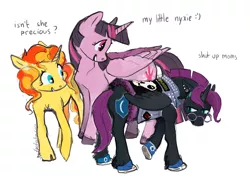 Size: 1240x877 | Tagged: safe, artist:spectralunicorn, derpibooru import, sunset shimmer, twilight sparkle, twilight sparkle (alicorn), oc, oc:nyx, alicorn, pony, alicorn oc, clothes, cloven hooves, converse, earring, emo phase, female, frown, glasses, grin, grumpy, lesbian, older, piercing, raised hoof, shipping, shoes, smiling, sunsetsparkle, unshorn fetlocks, vest